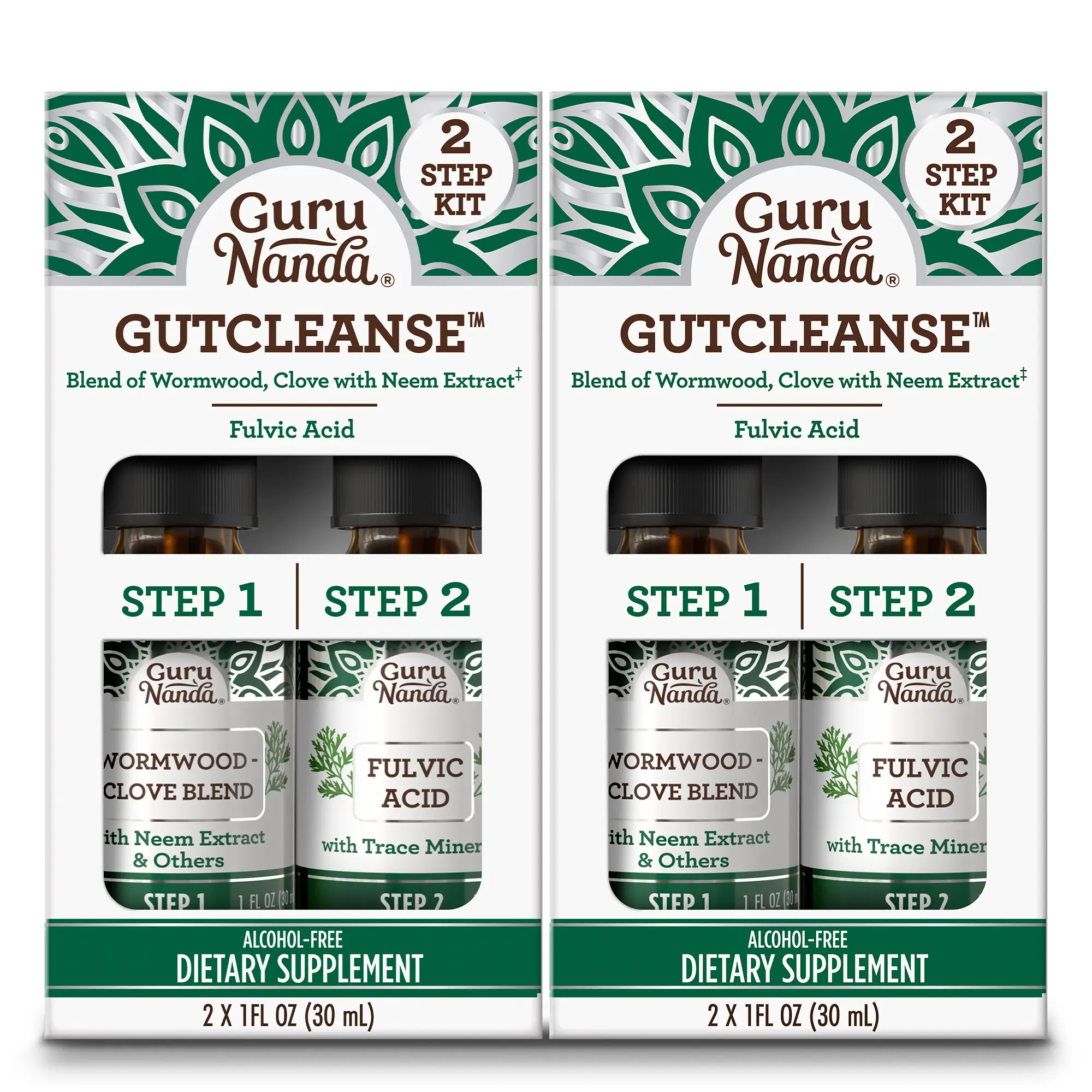 GuruNanda Gutcleanse 2 Step Kit - Dietary Supplement aids in Digestion - Fulvic Acid Blend with Natural Blend of Wormwood, Clove, Neem (2x1 Fl Oz), 2 Pack