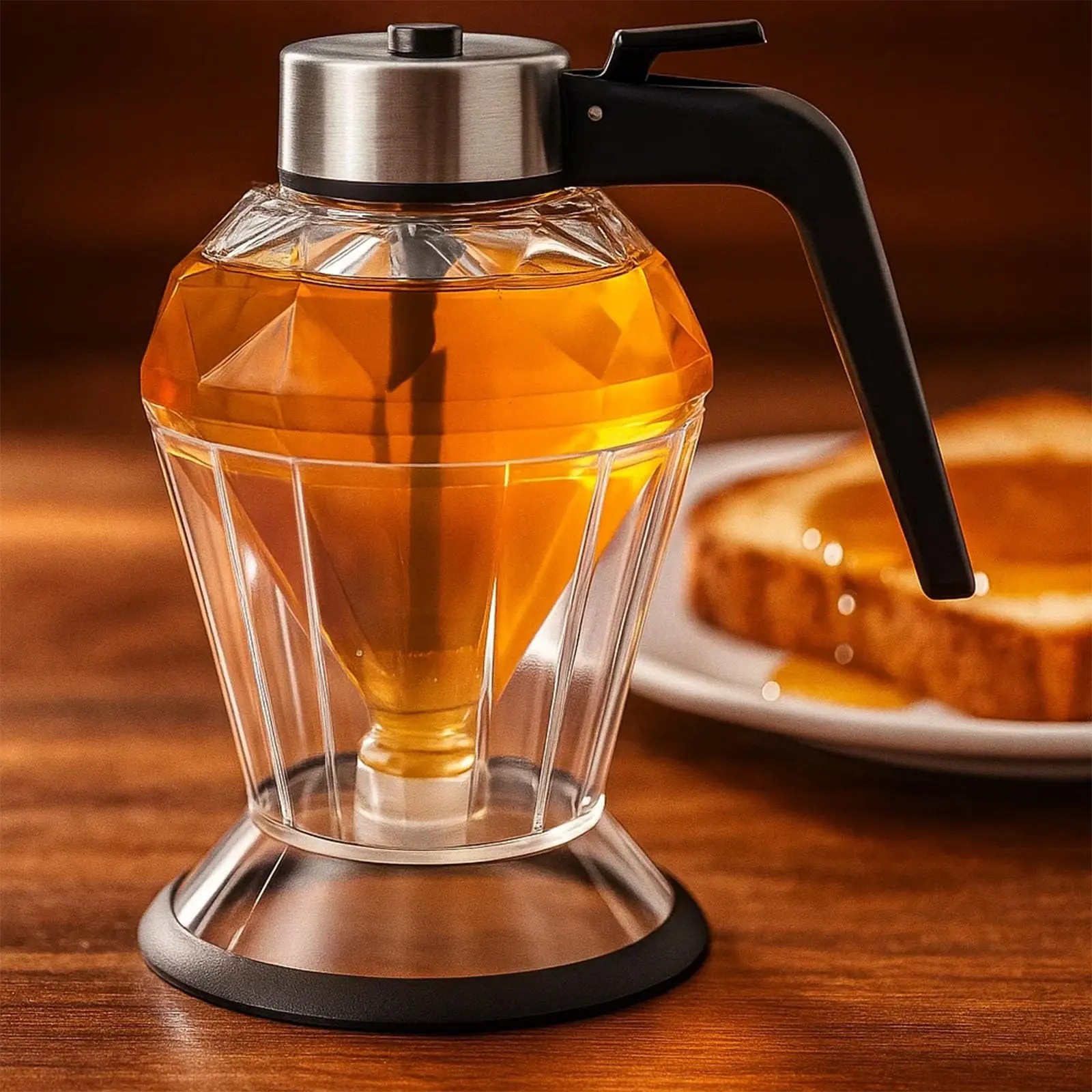 Honey/Syrup Dispenser -Premium No Drip Design, Elegant Diamond Shape with STAINLESS STEEL TOP,Clear Glass Honey Container（8oz）