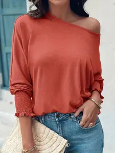 Women's Elegant Spring Autumn Three-Quarter Pleated Lantern Sleeve Solid Color Casual T-Shirt, Stylish and Comfortable Daily Wear