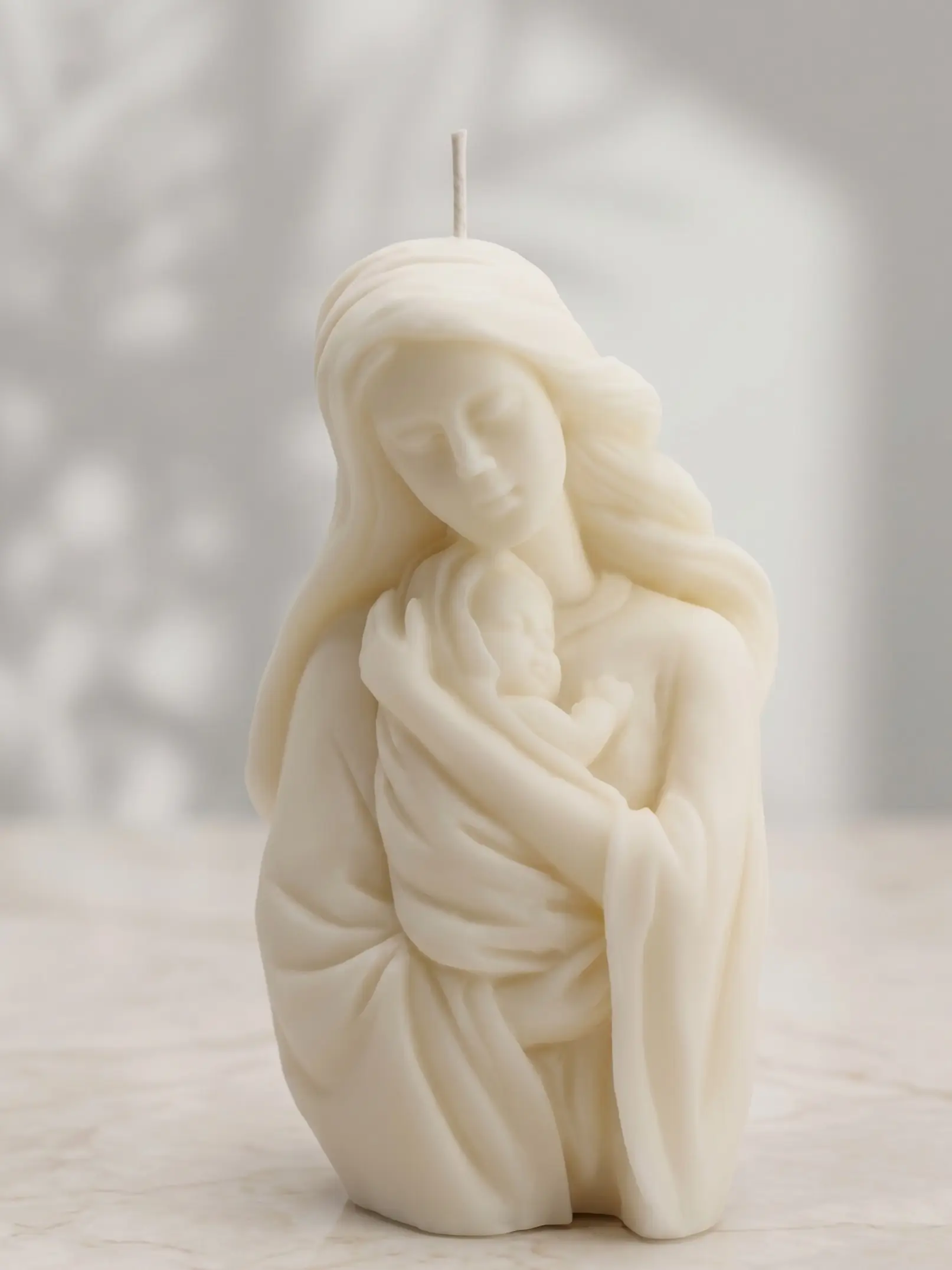 Mother Mary Holding Child Candle, Serene Religious Decor, Handmade Wax Figurine