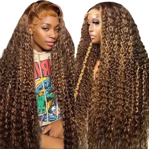 Human Hair Deep Wave Lace Front Wig, 4/27 Highlight Ombre Honey Blonde, 13x6 HD Transparent Lace, 30 in Length, Deep Wave Wig