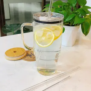 40oz Glass Tumbler with Leakproof Plastic Lid & Straw Spill-Proof Design Easy to Clean No Mold Reusable Iced Coffee Cup for Car Drinkware Durable Travel Mug with Handle BBQ Party Pitcher with Lid College Dorm Essentials Study Cup
