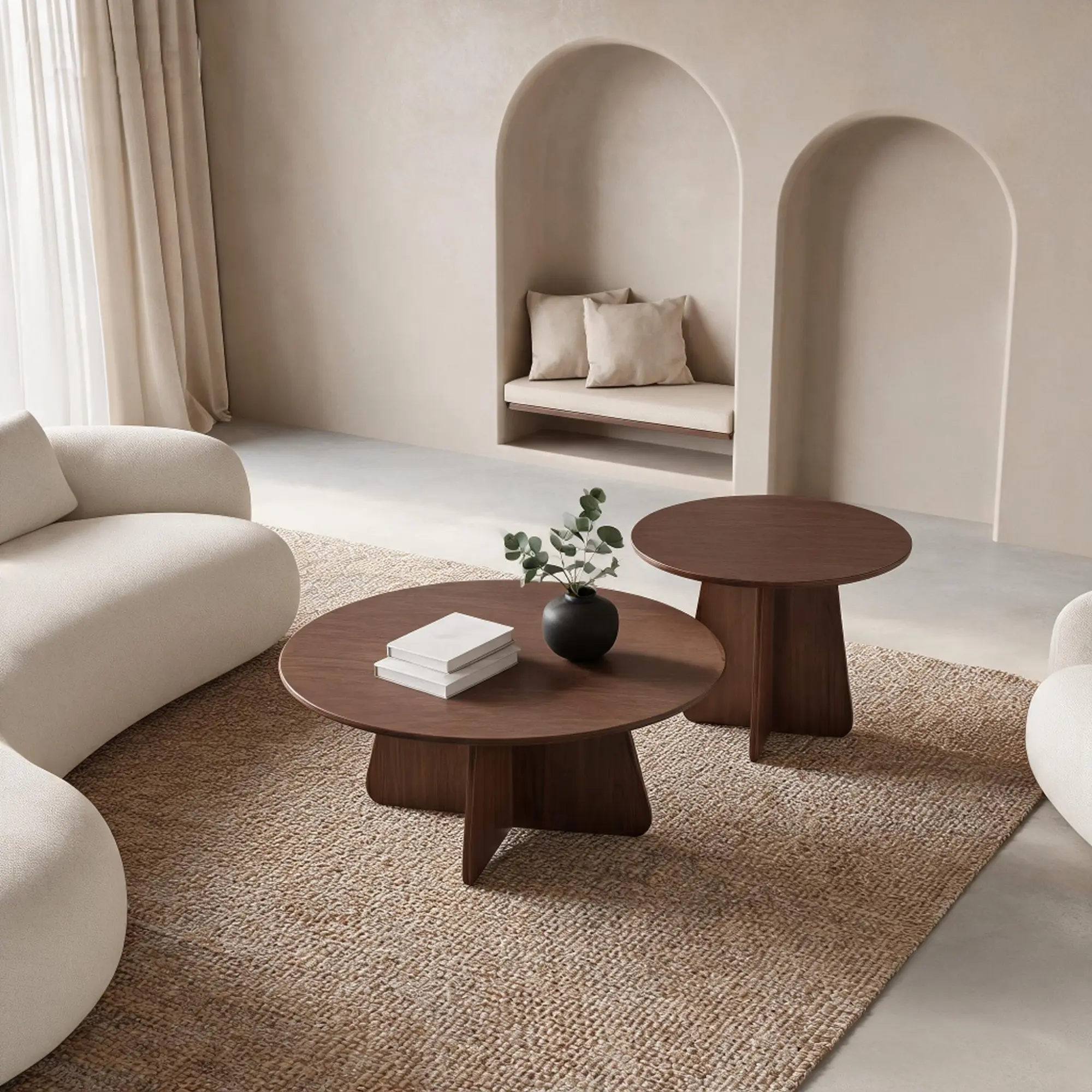 Retro-Style Round Nesting Coffee Table Set - Crisscross Legs, Walnut or Natural Wood Finishes, Ideal for Living Rooms & Dining Rooms