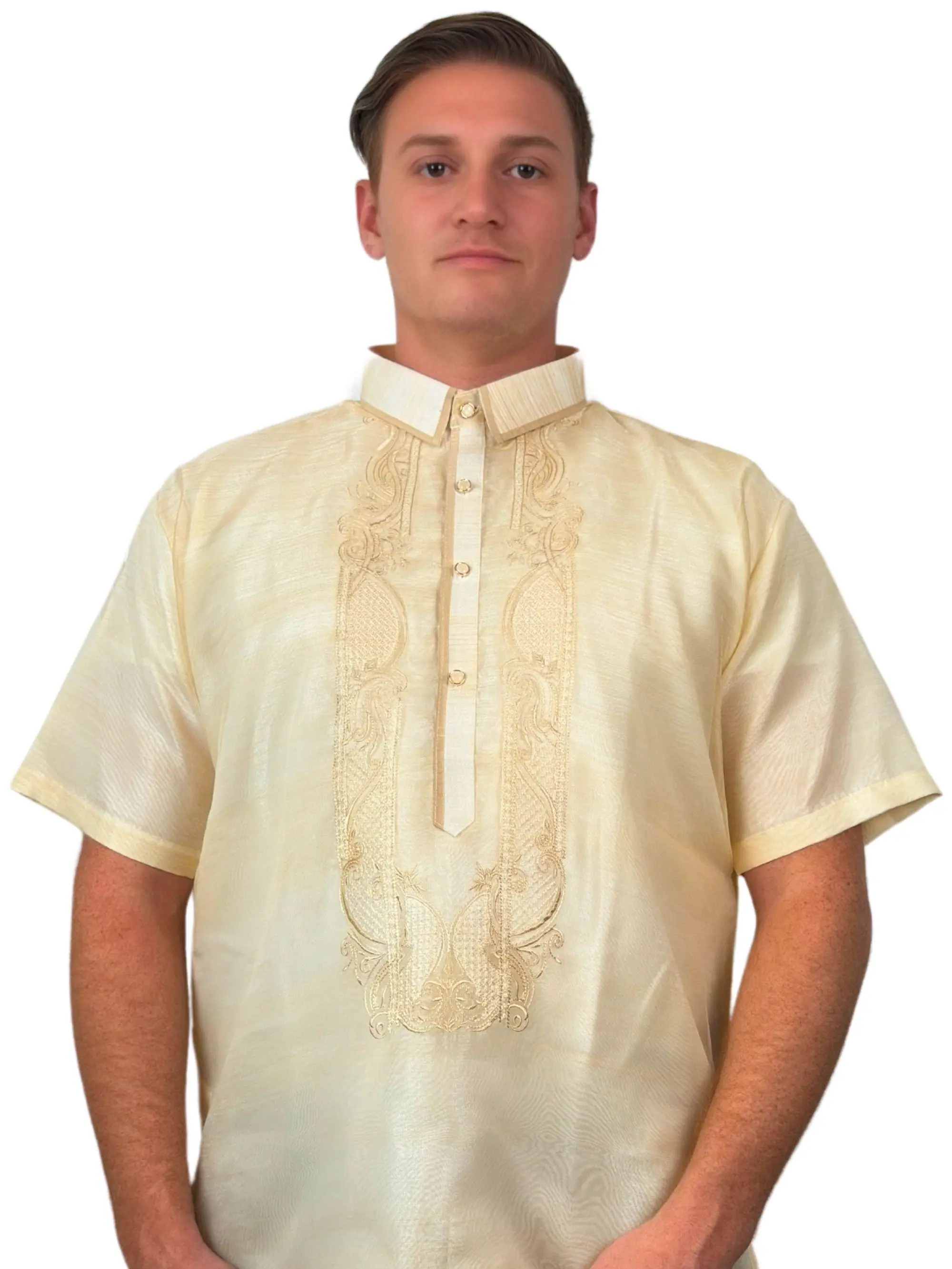 Handmade Kapamilya Barong Tagalog for Men, Short Sleeve Filipino Formal Shirt in White Organza with Embroidery, US Size