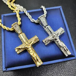 MaxBling81 Cross Religious Iced Out Jesus Body Pendant with 4mm 18"-20"-24" Rope Chain, Hip Hop Chain & Link Jewelry for Men, Iced Out Jewelry, Daily Wear Necklace, Religious Jewelry Gift