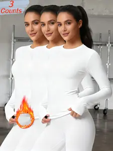 3-Pack Women's Thermal Underwear Tops, Solid Color Classic Crew Neck Long-Sleeve Base Layers for Autumn & Winter - Ideal as Running, Hiking Activewear, Comfortable Base Layer Tees Suitable for Outdoor Activities