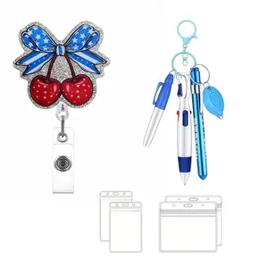 American Flag Cherry Badge Scroll Set, Acrylic Material 360 Degree Rotating Crocodile Clip, Retractable ID Card Holder Keychain