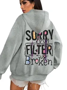 Plus Size Sweatshirt Casual Women's "Sorry Filter Broken" Graphic Hooded Pullover Trendy Hoodie Comfortable Polyester Material Machine Washable Motivational Design