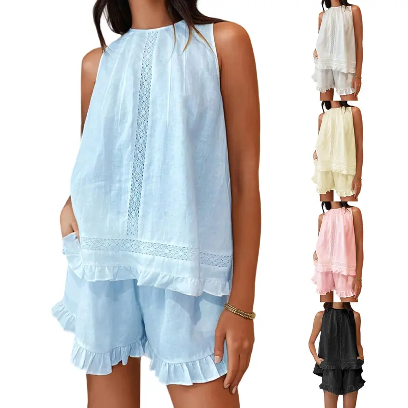 Women's 2-Piece Cotton Blend Linen Solid Loungewear Sets, 2025 Summer Sleeveless Crew Neck Ruffled Lace Trim Top & Matching Shorts, Pyjama Sets
