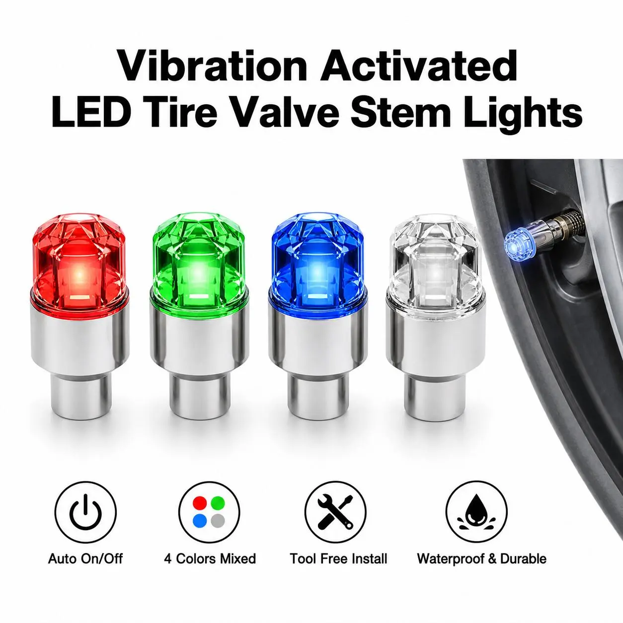 4 Pack Vibration Trigger LED Tire Warning Caps, Auto Power On Off Flashing Wheel Rim Lights, Sealed Waterproof Anti-Impact Safety Parts, Enhance Night Road Visibility for Family Car, Truck and Cycling Bikes
