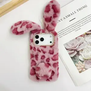 Plush Leopard Print Rabbit Phone Case for Apple iPhone Models, Cute Protective Cover, Shockproof Phone Cover, Soft Fabric Material, Stylish Design, Accessories