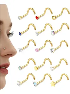Versatile 15 Pcs Nose Piercings Kit Golden Colorful Nose Rings Nose Hoop 304 Surgical Steel Nose Studs for Women Men Trendy L Shaped Nose Studs Rings Shining CZ Opal Nose Ring Heart Cute L Shape Star Nose Piercing Jewelry Body Piercing Jewelry