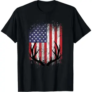 Men's Short-Sleeve Round Neck T-Shirt - Deer Hunting American Flag Whitetail Buck Antlers Graphic, Retro Double-Sided Water Wash Vintage Metalcore Y2K Streetwear, Menswear Top