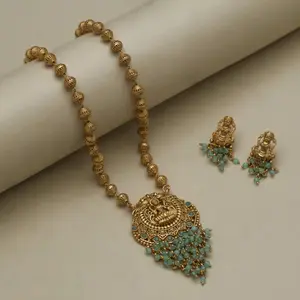 Indian Gold Plated Necklace with Earrings Featuring Light Blue Pearls and Decorative Design