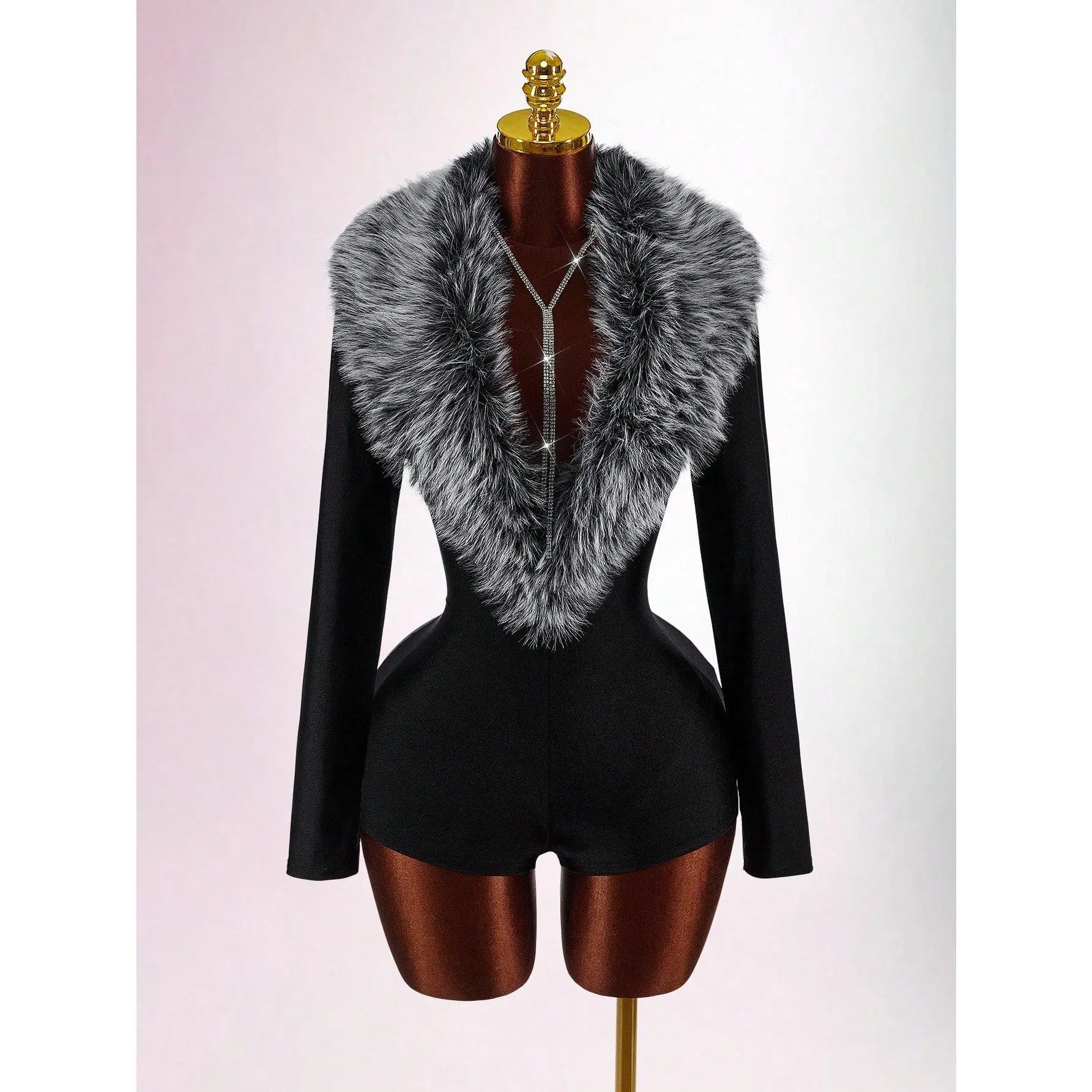 Luxury Women's Y2K Fall Winter Jumpsuit Going Out Tops Furry Collar Splicing Deep V Neck Long Sleeve Romper Elegance Bodysuit, Weekend Wear, Throwback Style, Cozy Comfort, Layered Look, 2000s Vibe, Street Style