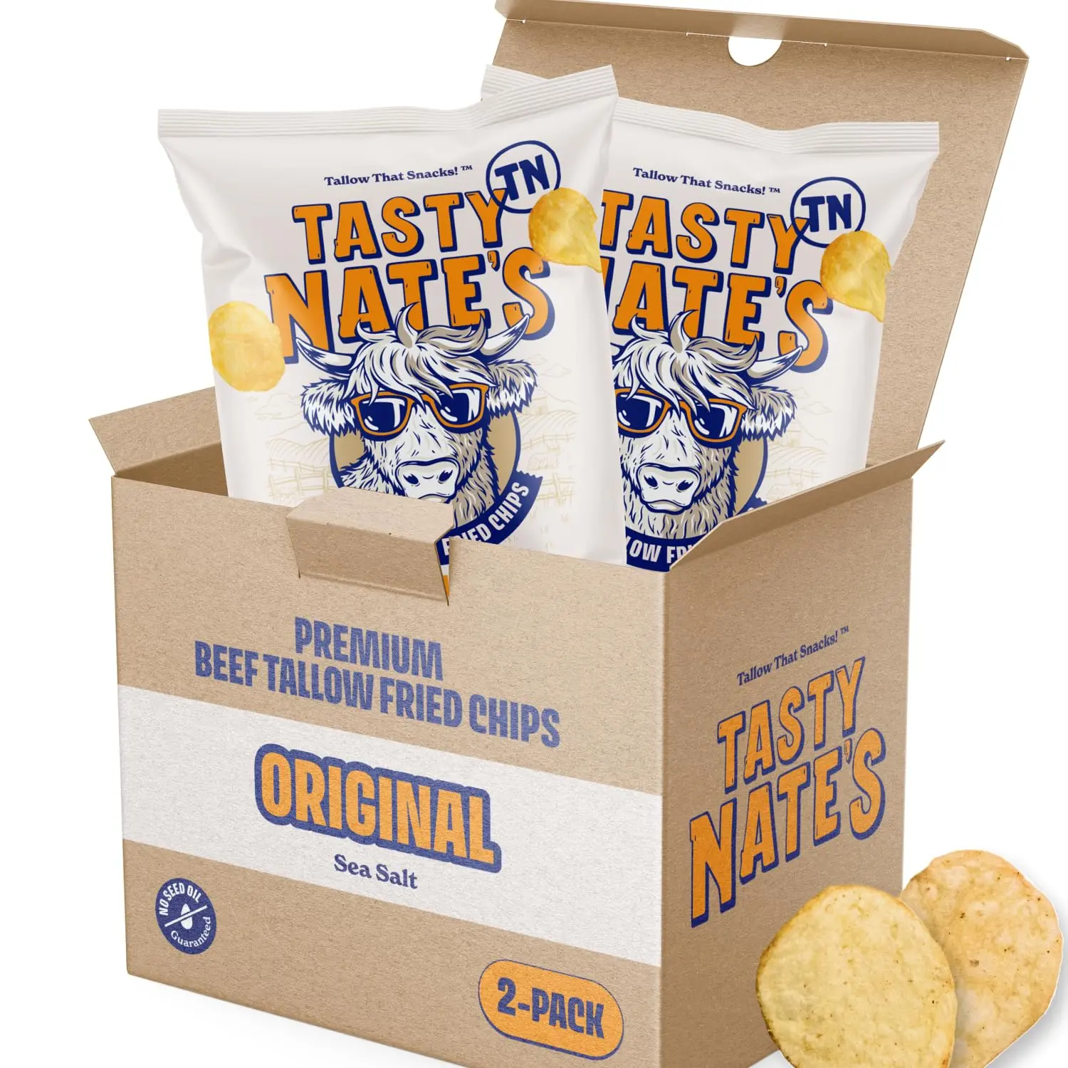 Tasty Nate’s Beef Tallow Potato Chips Original Sea Salt Kettle Chips Made with 100% Beef Tallow Seed Oil Free - Gluten Free Healthy Snacks Paleo Friendly 7oz Bag - Pack of 2