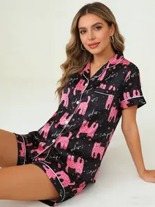 Cat Original Print Satin Sleepwear Set, Short Sleeve Shorts, Unisex Cartoon Pajamas, Comfortable Nightwear for Men and Women
