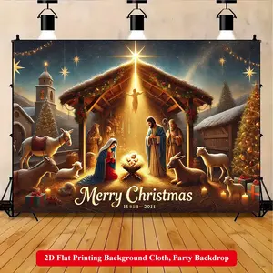 2D Flat Printing Backdrop Banner 1pc, Christmas Themed Religious Scene Vibrant Polyester Background Cloth for Family Party, Wedding, Birthday, Christmas, Thanksgiving, Fall, Entryway, Room Decorations, Easy to Set Up, Reusable
