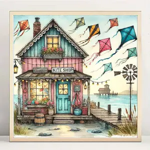 Seaside Kite House 5D Diamond Painting DIY Handmade Art Set Round Diamond Painting Creative Home Decor Gift Suitable for Adult Handicraft Enthusiasts Includes HD Canvas Tools to Create Exquisite Seaside Scenery Diamond Art Wall Decoration Frameless Kit