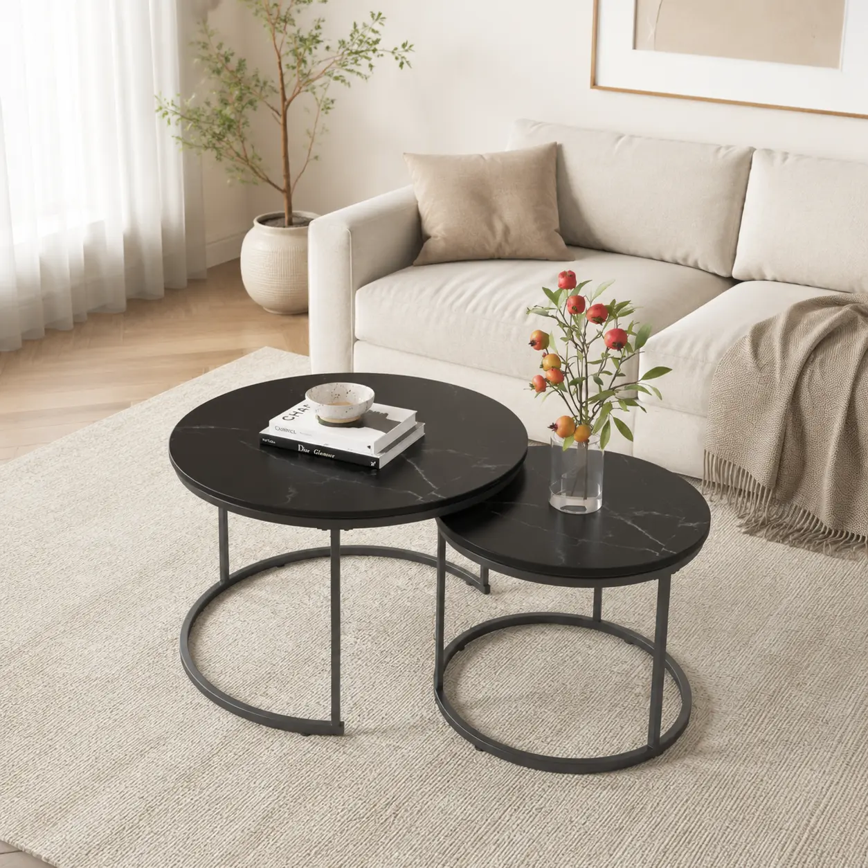 littleox 27.6" Nesting Coffee Table Set of 2, Round Coffee Table Wood Marble Pattern Top with Sturdy Metal Frame, End Table Side Tables for Living Room Bedroom Balcony Yard