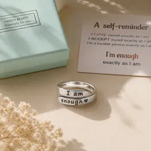 I Am Enough Adjustable Wrap Ring – Inspirational Minimalist Self-Love Open Band Ring Gift for Women