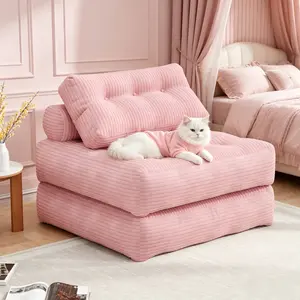 【Sweet】Mr IRONSTONE Folding Sofa with Headrest, Convertible Sleeper Chair with Pillow Foldable Mattress with Back Support, Pink Gray Beige for Small Living Spaces