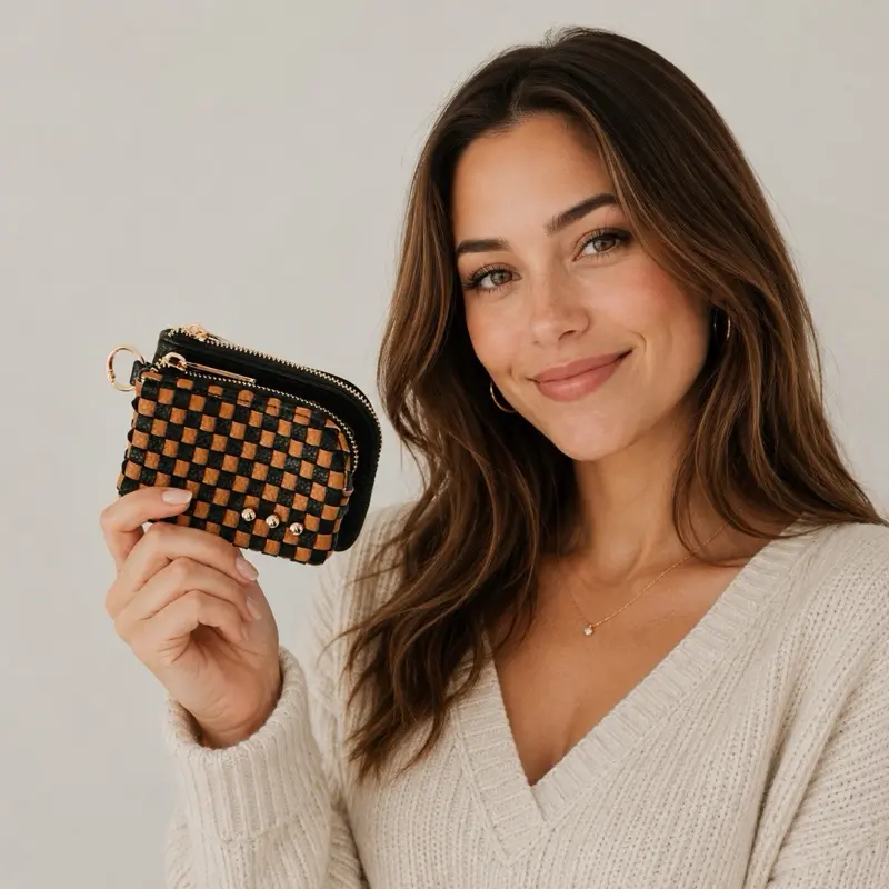 Pretty Simple Woven Cameron Double Zip Clippable Card Wallet Vegan Leather Checkered Coffee High Quality