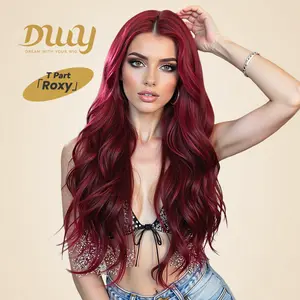 [CLEARANCE SALE] Roxy -DWY Lace Front Middle Part Long Burgundy Wavy Glueless Synthetic Christmas wigs for women 26 Inches Lace Frontal Wigs Pre Cut Wig