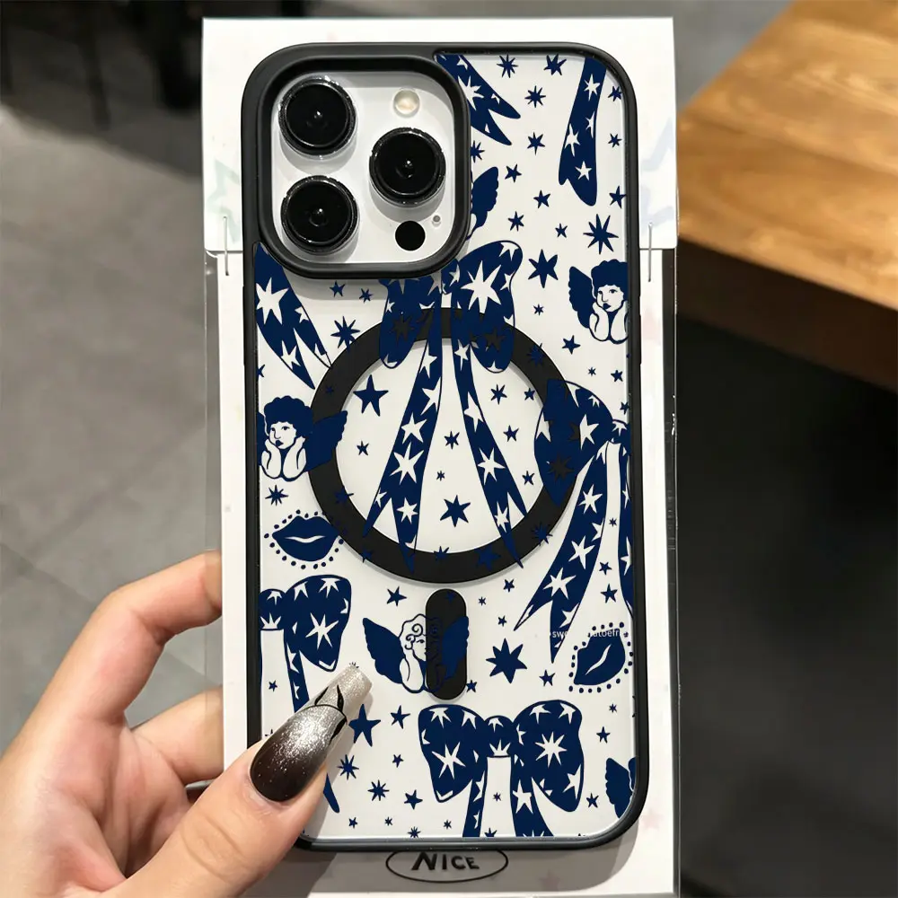Navy Blue Starry Bowknot Phone Case， Romantic Aesthetic Style for iPhone 17 16 15 14 13 12 11 Plus Pro Max， Unique Birthday Gift.
