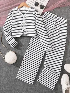 Girls' Striped Bow Tie Long Sleeve Top & Stripe Pants Set, Comfortable Casual, 2 Piece Set, Perfect for Daily Wear, Striped Sets