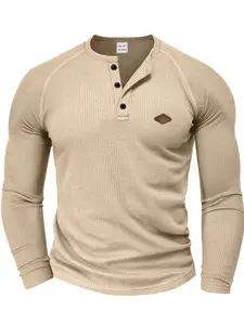Men's Long Sleeve Waffle Knit Casual Shirt, Quick-Dry Fitted Henley Top for Spring & Fall, Comfortable American Style Tee