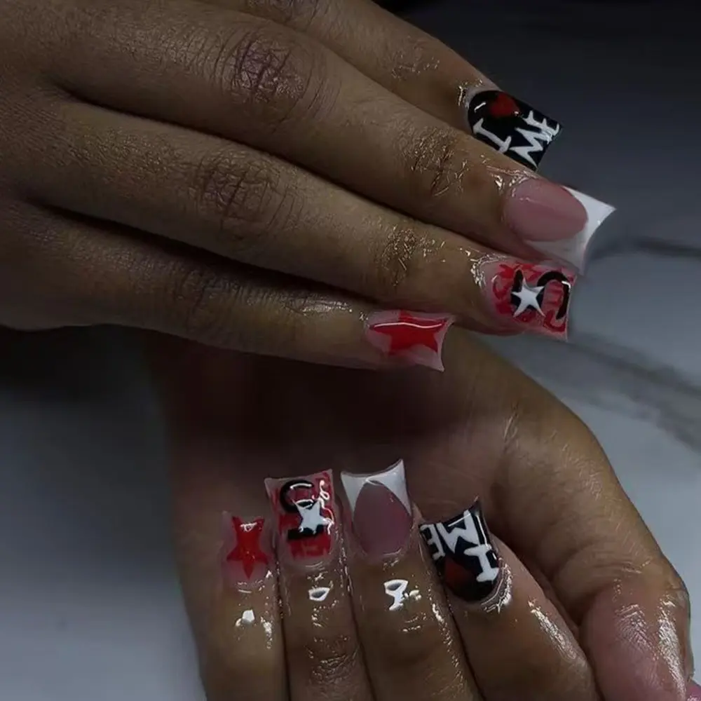 24pcs Unique Subculture Nail Art, Graffiti Letters & Star Elements, French Color Block, Easy Wear, Perfect for Trendy, Nail Art Decoration, Almond Fake Nails, Nail Tips Art, Decorative Nails