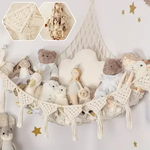 Giant Woven Hanging Tapestry Decor, Cute Plush Mesh Organizer for Doll Corner, Adorable Wall Decoration for Kids Room