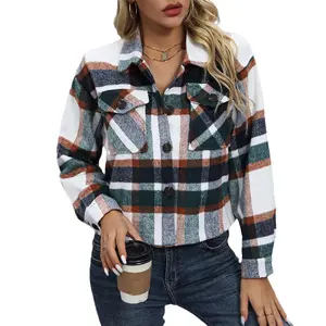 Women's Plaid Button Down Jacket Casual Lapel Long Sleeve Cropped Outerwear with Pockets Open Front Blazer trench coat women penny lane puffer jacket afghan winter outfits peacoat chelsea boots outfit sams avocado buttoned top winnie the pooh fleece