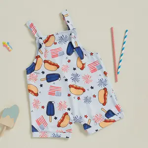 4th of july outfit Baby Boy Romper Independence Day Clothes Flag Fireworks Print Sleeveless Overalls Bodysuits Jumpsuits Summer Clothes