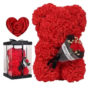 Rose Flower Bear 9.45In Cute Artificial Forever Flower Rose with Clear Box Handmade Romantic Decorative Valentines Day Bear Gift Does not apply