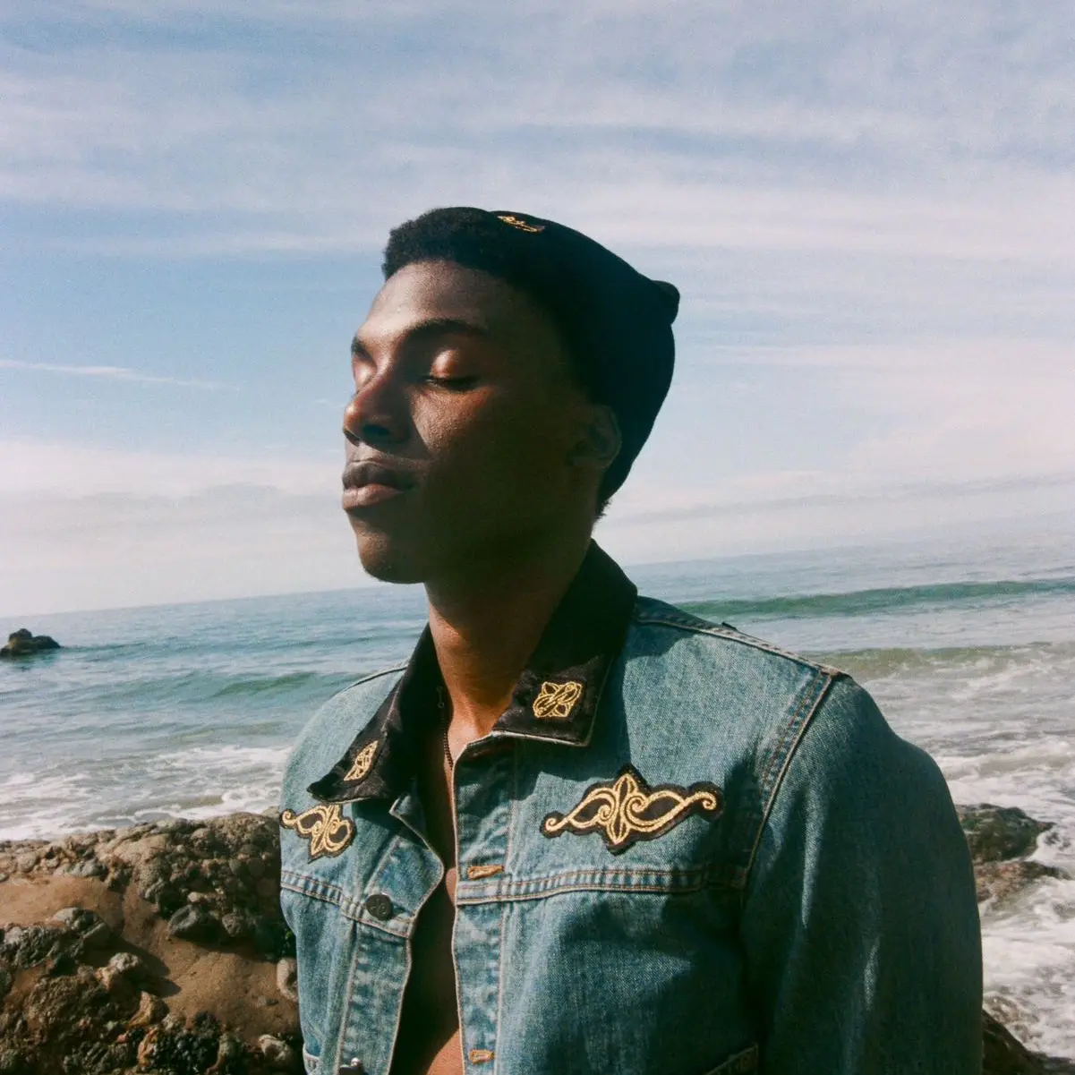 Lotus Upcycled Denim Jacket with Embroidered Details and Black Satin Lining Slim-fitting Slim-fitting Slim-fitting