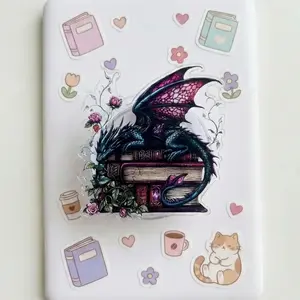 Dragon Sleeping on Books Phone Grip – Fantasy Bookish Accessory, Dark Floral Aesthetic Holder, Unique Gift for Book Lovers & Dragon Fans.