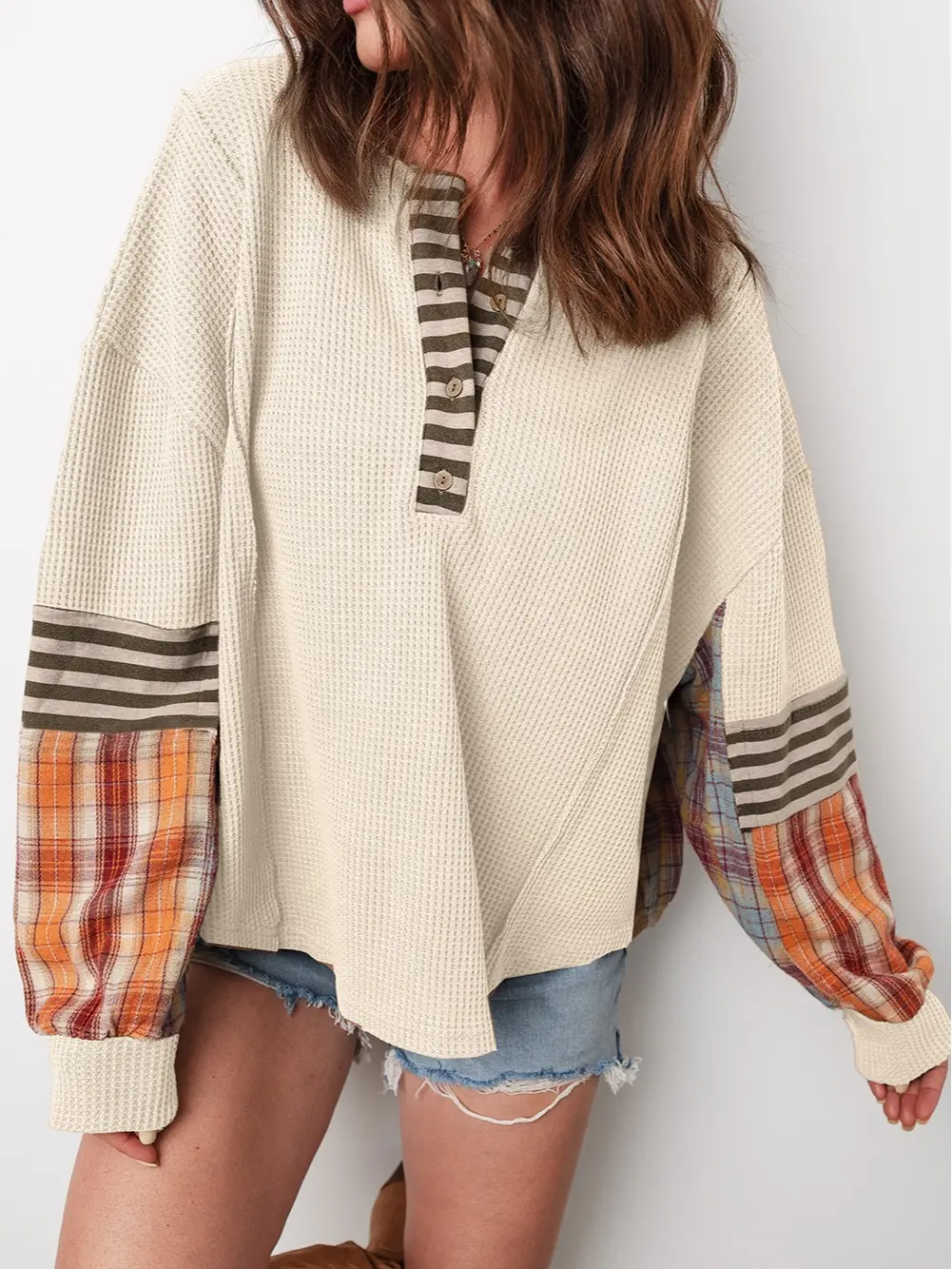 Women's Waffle Knit Plaid Patchwork Striped Shift Top Casual Long Sleeve Button Round Neck Western Style Daily Shirt