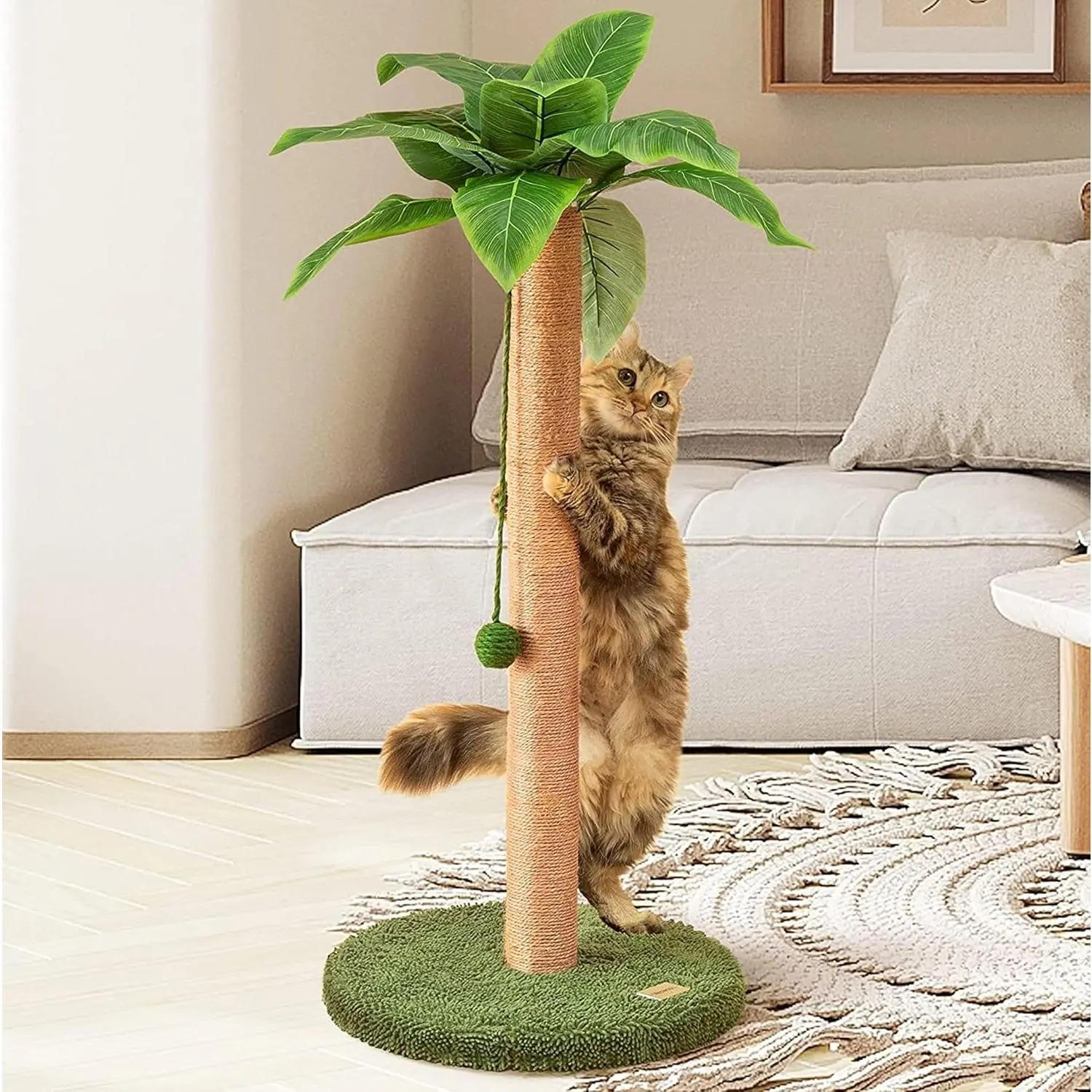 Cat Scratching Post 33 Inch Tall Cat Scratcher for Indoor Cats Adults,Palm Tree Sisal Rope Kitten Scratch Tower with Interactive Hanging Ball