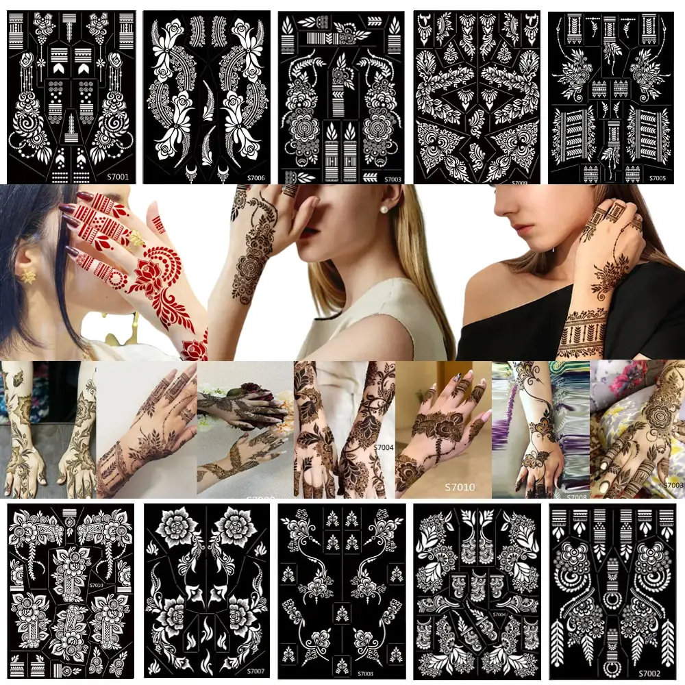 10 Sheets Henna Tattoo Stencils, 10 Pairs Reusable Hand Arm Tattoo Templates, Arabian Indian Hollow Temporary Tattoo Stickers, Waterproof PVC Body Paint Stencils for DIY Glitter Airbrush Body Art