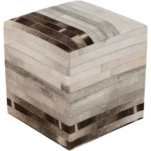 Surya Appalachian Modern Rustic Hair On Hide Ivory, Gray & Brown Patched Leather Pouf Ottoman POUF-243