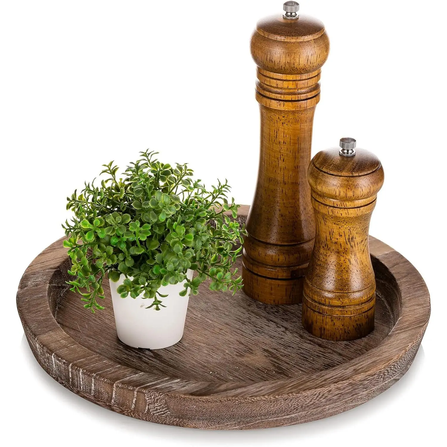 Rustic Wooden Serving Tray: Round  Butler Decorative Tray  Centerpiece Candle Holder Trays Farmhouse Ottoman Tray for Decor Countertop Home Decor Accessories for Coffee Table