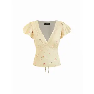 Cider Satin Floral V-neck Ruffle Sleeve Lace Trim Blouse