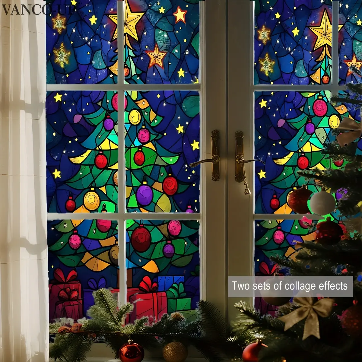 A set (45*100cm) of large-sized irregular Christmas tree window stickers, double-sided visible holiday decorative window decals, suitable for home windows, glass doors, static stickers D20859