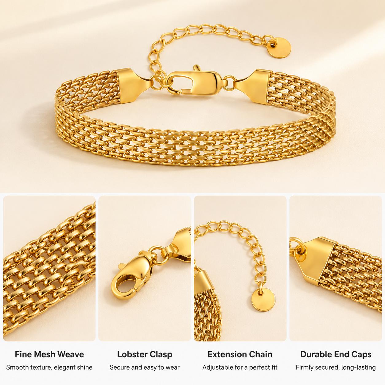 Waterproof Chunky Chain Bracelet for Women - 14K Gold Plated Trendy Adjustable Chain Bracelet - Lightweight Stainless Steel Jewelry | Gold Bracelet for Women, Mesh Bracelet Weaving Bracelet with Lobster Clasp, Elegant Fashion Jewelry Gift for Her