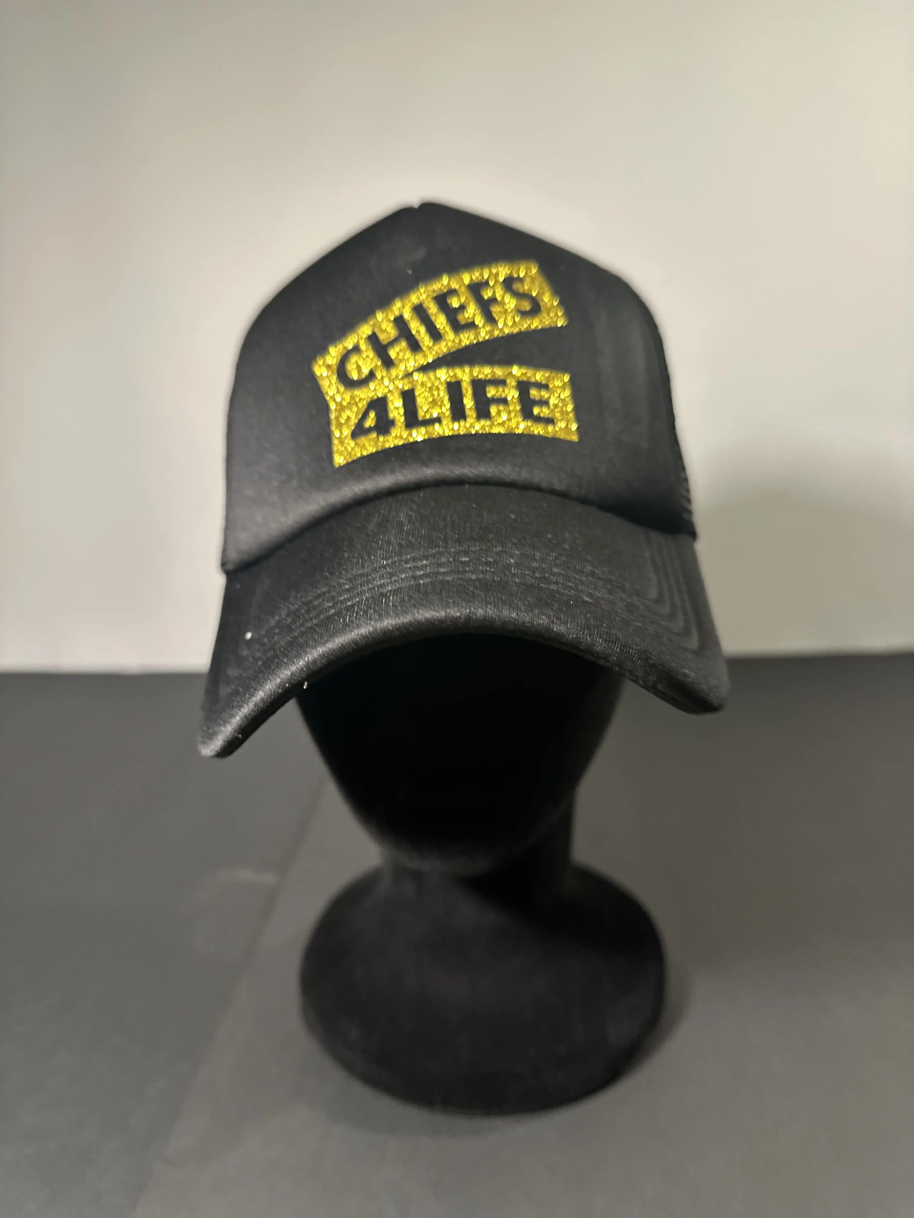 CHIEFS 4LIFE Black Trucker Hat with Gold Glitter Lettering - Unisex Snapback Fit for KC Fans - Iconic Look & Comfort-Ready Mesh Back