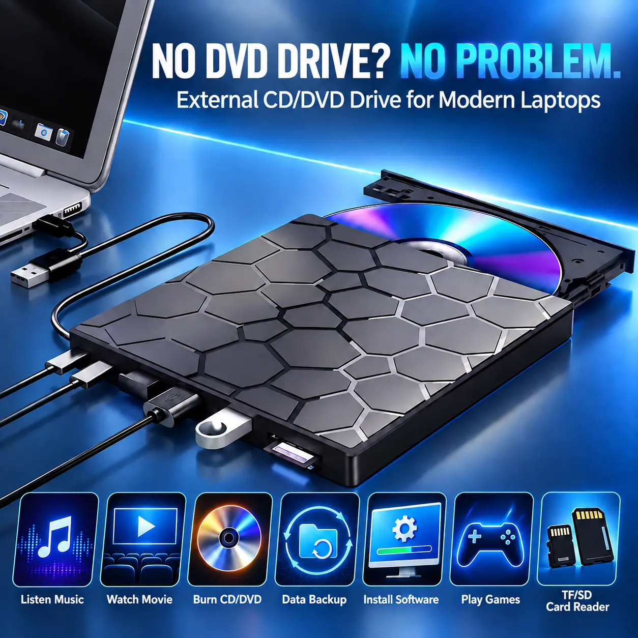 8-in-1 External CD/DVD Drive for Laptop & Desktop, USB 3.0 & Type-C Portable DVD Player Burner with 4 USB-A Ports, SD/TF Card Reader, CD DVD Optical Disc Drive for Windows 11/10/8/7, Mac, Linux