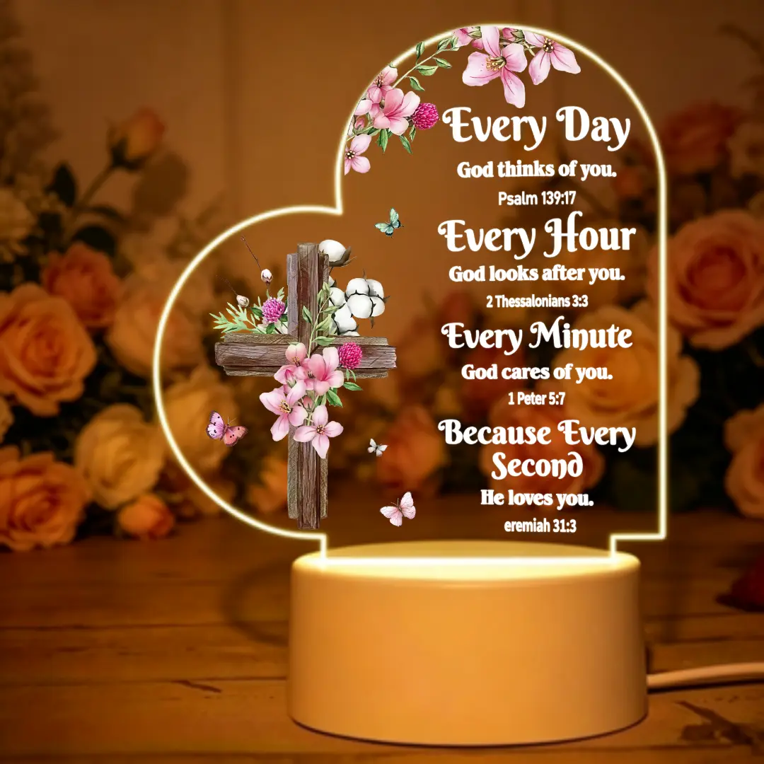 Christian Heart-Shaped LED Acrylic Plaque Sign - Warm Light Religious Home Decor with Wooden Cross Base, Scrolling LED Signage, Inspirational Room Accessory, Wedding & Home Gift for Women