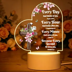 Heart Shape Warm Light Acrylic Plaque Sign, Christian Religious LED Lamp with Wooden Cross Base, Signage & Wooden Cross Decorations, Inspirational Home Decor Gift for Women Scrolling Led Sign Yard Sign